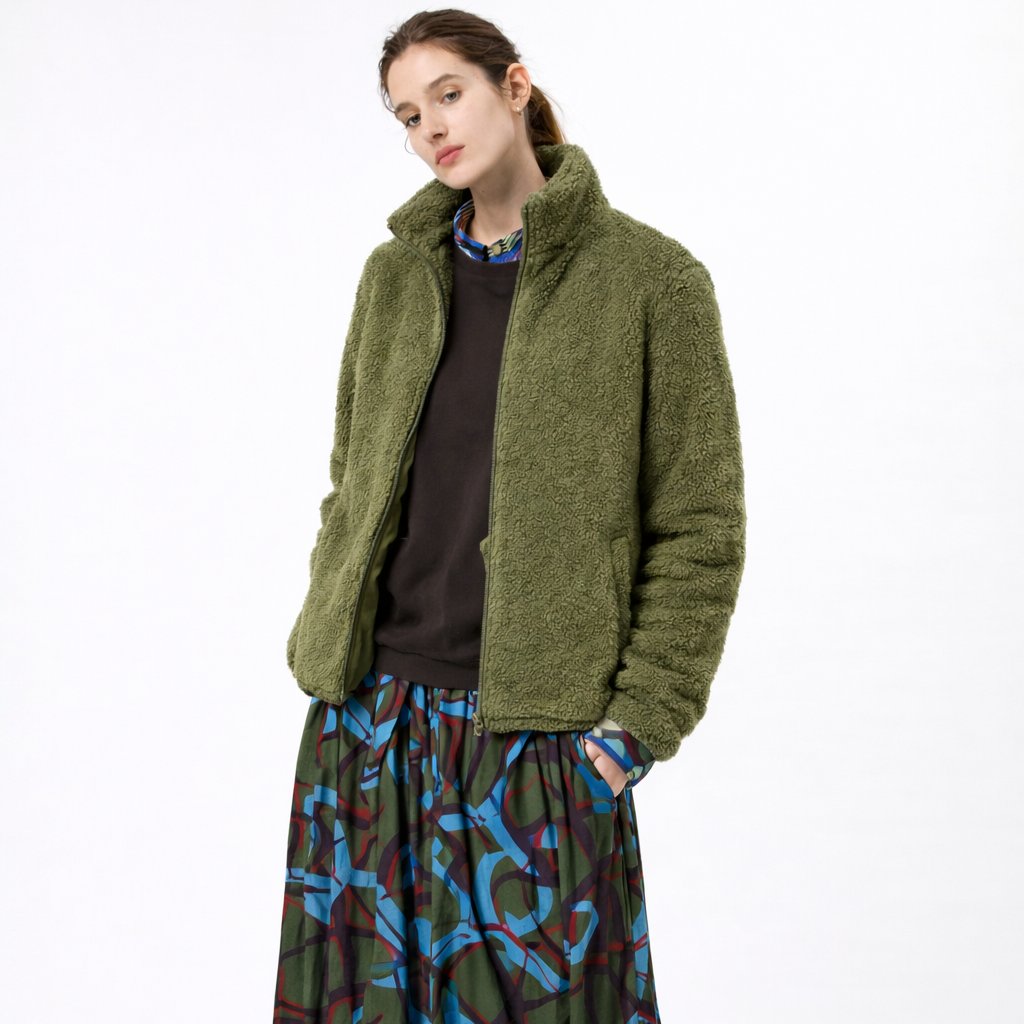 Uniqlo M Fluffy Yarn Fleece Full-Zip Jacket + Iris & Ink Sz 10 Skirt